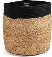 NATURAL JUTE/COTTON BASKET Elegant | COTTON ROPE STORAGE BASKET | B&W | STORAGE WICKER KITCHEN BASKET (25 cm x 25 cm x 25 cm)
