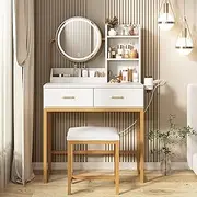 Omebel Makeup Vanity Dressing Table with Round Mirror and Lights, White Vanity Desk, Small Vanity Table for Bedroom with Lots Storage, 3 Lighting Modes