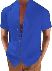 Mens Linen Short Sleeve Shirts Button Down Solid Summer Lightweight Beach T Shirts Tropical Casual Hippie Shirts
