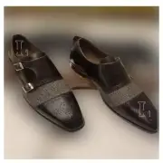 Handmade Men's Black Gray Double Monk Strap Brogue Leather Cap Toe Shoes, Sale !