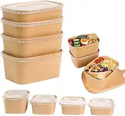 Home & Treat 50 Pcs Kraft 650ml | Brown Takeaway Containers with Lids | Rectangular Reusable Stackable Food Storage Soup Salad Bowls Deli Tubs Lid Heavy Duty