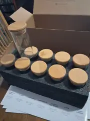 10 Pk Glass Jars Set with bamboo lids & spice labels. Round, 6 oz, 4" tall, New
