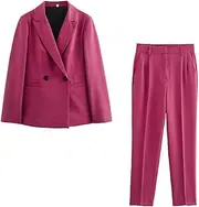[Zadaos] Female 2 Piece Set Buttons Long Sleeve Back Belt Design Texture Blazer+ Elastic Waist Pockets Solid Pants