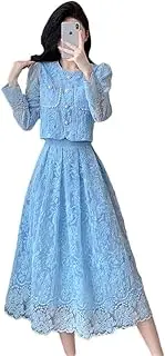 [Generic] Women's Embroidery Lace Sets Two Piece Suit Pearl Buttons Beaded Long Sleeve Shirt Tops+Midi Skirt Outfit
