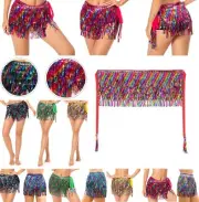 Women Shiny Sequin Tassels Belly Dance Skirts Fringe Hip Scarf Party Costume AU