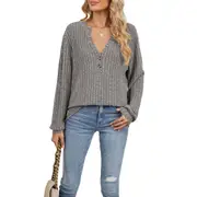 Women's Long Sleeve V-Neck Buttoned Loose Top Version 1 - Dark Grey