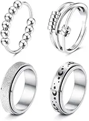 [Sanfenly] 4-6Pcs Stainless Steel Spinner Ring for Women Mens Fidget Band Rings Moon Star Celtic Stress Relieving Wide Wedding Promise Rings Set
