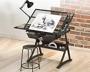 Landpink Glass Drafting Table Art Desk – Adjustable Professhional Artwork Drawing Drafting Table Desk, Glass-Topped Art Table for