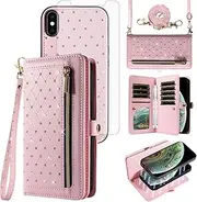 Phone Case for iPhone Xs Max Zipper Wallet Detachable Magnetic Cell Cover with Screen Protector Crossbody Lanyard Strap Bling Glitter Flip i X XR Xsmax 10x SX Xmax 10xs 10s 10 Plus Xmaxs Women Pink