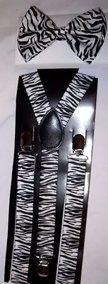 Tuxedo Thin Black and White Zebra Animal Print Bow tie + Zebra Y-Back Suspenders