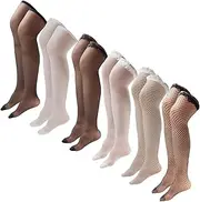 [Dress Cici] Nylon Translucent Hold Up Stocking Socks, Fishnet Thigh High Stocking Hosiery with Garter (6 Pairs)
