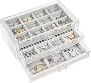ProCase Earring Organiser Jewellery Organizer Box with 3 Drawers, Acrylic Stackable Jewelry Holder Clear Earring Storage Case with Adjustable Trays for Women on Dresser Vanity -Grey, 3 Layers