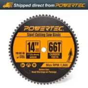 POWERTEC 14" Cold Saw Blade, 66T, 1" Arbor, Steel Cutting Saw Blade - 1600 RPM