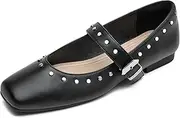 [WONDERWAY] Studded Mary Janes Slip On Ankle Strap Flats Square Toed Mary Jane Shoes