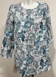 Tahari Women 1X Linen Blouse Top Shirt Tunic White Blue Tropical Birds New NWT