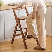 Step Ladder 3 Tier Folding Anti Slip Step Stool Foldable 3-in-1 Bamboo Step Ladder Lightweight Portable Wooden Step Stool Saving Space for Kitchen