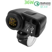 Motorcycle Socket Adapter QC3.0 Dual USB Phone Charger Voltmeter Thermometer
