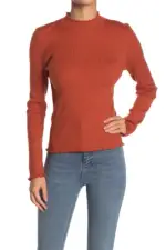 Lush Lettuce Hem Sweater Aragon Red Womens M Rib Knit Long Sleeve Mock Neck