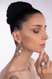 Large abstract oval shape jewelry set with round pearl Sterling silver 925