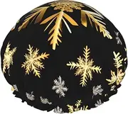 Golden Christmas Snowflakes Print Shower Cap For Women Men Reusable Lightweight Soft Bath Hair Cap With Elastic Band