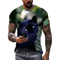 在飛比找蝦皮購物優惠-新款三維動物黑豹圖案 t 恤夏季時尚男士休閒街頭潮流個性印花