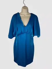 $175 Aidan Mattox Women's Blue V-Neck Kimono-Sleeve Satin Dress Size 8
