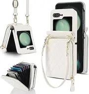 UYPTK for Samsung Galaxy Z Flip 6 5 4 3 Case Crossbody Lanyard Leather Zipper Wallet Cards Slot Strap Holder Folding Cover,White,for Galaxy Z Flip 5
