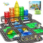 104 PCS Magnetic Tiles Road Set With Car Toys, STEM Magnet Building Blocks fo