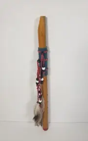 Native American 1st Nation Indigenous Hand Carved Wood Feathers Ceremonial Flute