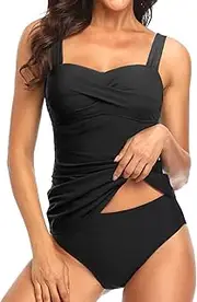 [Holipick] Two Piece Underwire Tankini Swimsuits for Women Tummy Control Tankini Top Bandeau Bathing Suits with Bottom