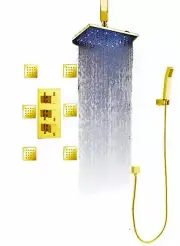 Bathroom Shower Set 10" LED Ceiling Rainfall 6 Jets Spray Gold