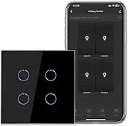 CNBINGO Smart Touch Light Switch Works with Alexa, Google Assistant - WLAN Switch Flush-Mounted - with Glass Panel - Wall Switch Quadruple in Black - Neutral Conductor Required - 600 W/Compartment