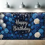 Starlit Patio Happy Birthday Backdrop Banner Navy Blue Rose Floral Photobooth Photography Background Balloons Decorations for Men Women Boys Girls Party Supplies Photo Booth Props 71 x 43 Inch