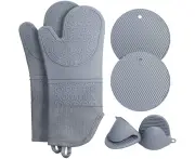 Extra Long Oven Mitts and Pot Holders Sets: Heat Resistant Silicone Oven Mittens with Mini Oven Gloves and Hot Pads Potholders