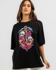 [The Mad Hueys] The Mad Hueys Women's Skulls And Roses Oversized T-Shirt in Black Size Small S Black