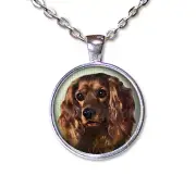 Cocker Spaniel Dog Lovers - Handmade ROUND Glass Pendant Necklace BRIGHT SILVER
