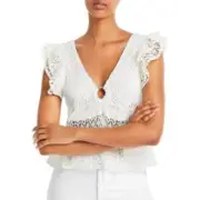 AQUA Crochet Boho Semi Sheer Flutter Sleeve Top Size L White Hippie Beach