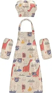 AIXIWAWA Kids Apron Chef Hat Set, Child Kitchen Bib Aprons Adjustable for Cooking Baking Painting (Doodle Cartoon Dinosaur)