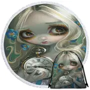 Kids Fantasy Art Keeping Up Alice Holding a Clock Round Beach Towel