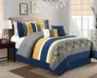 Full Queen Cal King Navy Gold Gray Zig Zag Striped 7 pc Comforter Set Bedding