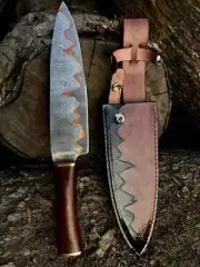 Custom handmade Damascus & copper steel chef knife, with natural leather sheath