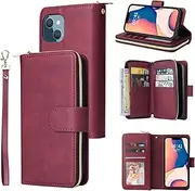 YocoverTech for iPhone 14 Plus Case, for iPhone 14 Plus Wallet Case[9 Card Slots+1 Cash Slot] PU Leather Stand Flip Zipper Wallet Cover[6.7 inch]-Wine Red
