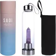 SAOI Crystal Water Bottle - Amethyst - Natural Wellness Healing - Glass/Stainless Steel