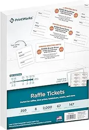 PrintWorks Printable Raffle Tickets with Tear-Away Stubs for Events & Fundraisers - 2000 Custom Tickets (Size 2.125" x 5.5") - 8 per Sheet - 250 Sheets (8.5" x 11") - Made in The USA - White (04296)