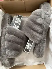 NIB Ugg Fluff Yeah Charcoal Slide Big Girl Sz 6 Women Sz 8 **SEE ALL MY ITEMS**