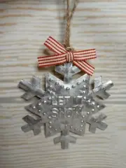 New Metal Silver Let it Snow Snowflake Christmas Tree Ornament Striped Farmhouse