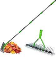67" Thatch Rake with Adjustable Stainless Steel Handle, 12.8-Inch Wide Dethatcher rake, Adjustable Handle Garden Rake for Cleaning Dead Grass, Soil Loosening, Yard Work, Gardening, Lawn Cleaning