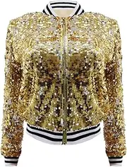[Stimazat] Women's Sequin Sparkly Jacket Fitted Shiny Long Sleeve Zipper Blazer Bomber Jackets Casual Party Outwear