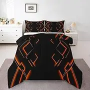 jejeloiu Black and Orange Comforter Set Queen Size Abstract Ombre Bedding Set for Boys Men Adults Teens Luxury Simple Modern Geometric Stripes Art Duvet Quilt Room Decor