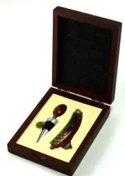 BENZER Barware Bottle Stopper Corkscrew Gift Set Waiters Friend Wooden Case